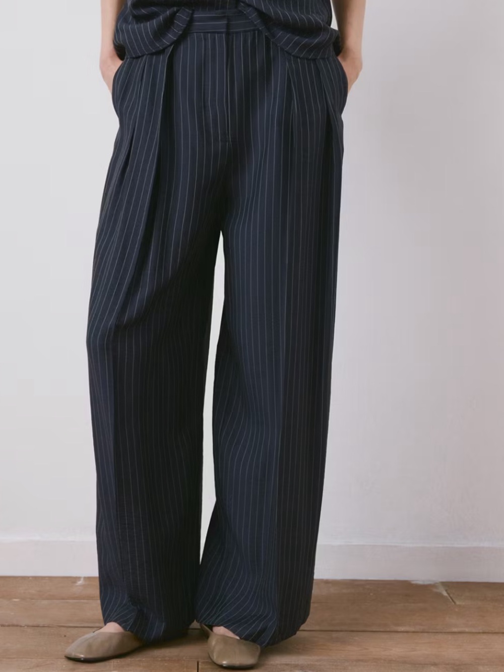 Mango Navy Pinstripe Wide-Leg Dress Pants PINSTRIPE WIDE LEG TROUSERS 4091